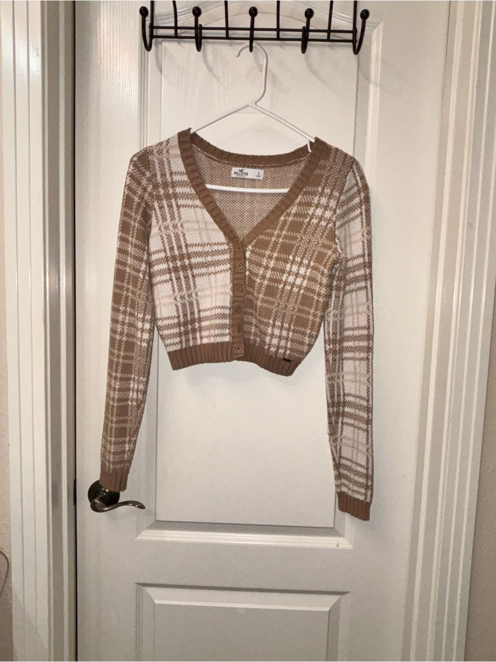Hollister Beige & Cream Plaid V-Neck Cardigan